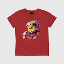 Футболка хлопковая детская Губка Боб и улитка Гэри - киберпанк, цвет: красный
