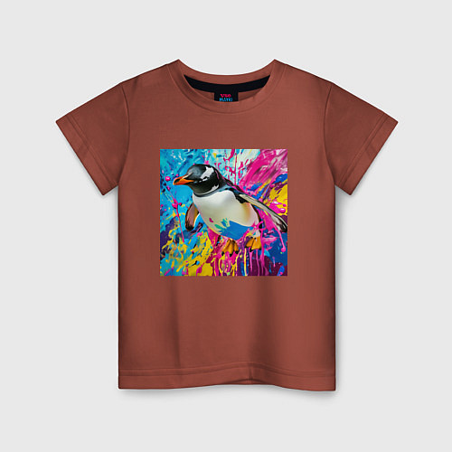 Детская футболка Плавающий в краске пингвин / Кирпичный – фото 1