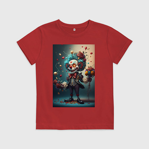 Детская футболка Страшный клоун с шарами и цветами праздник / Красный – фото 1