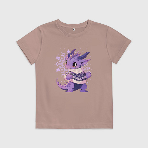 Детская футболка Фиолетовый дракон в свитере / Пыльно-розовый – фото 1