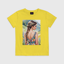 Футболка хлопковая детская Девушка на лугу, цвет: желтый