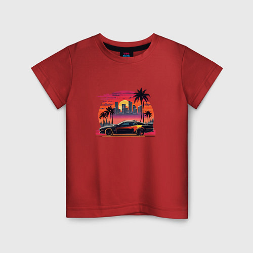 Детская футболка Ретро закат в Майями и гоночная машина / Красный – фото 1