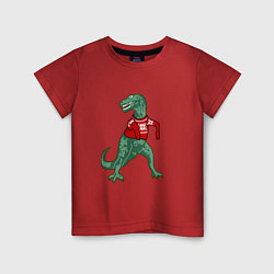 Футболка хлопковая детская Динозавр в новогоднем свитере, цвет: красный