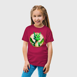 Футболка хлопковая детская Нейросеть - деревянный зелёный дракон, цвет: маджента — фото 2