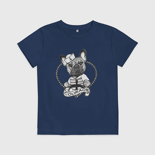 Детская футболка Французский бульдог за штурвалом courage / Тёмно-синий – фото 1