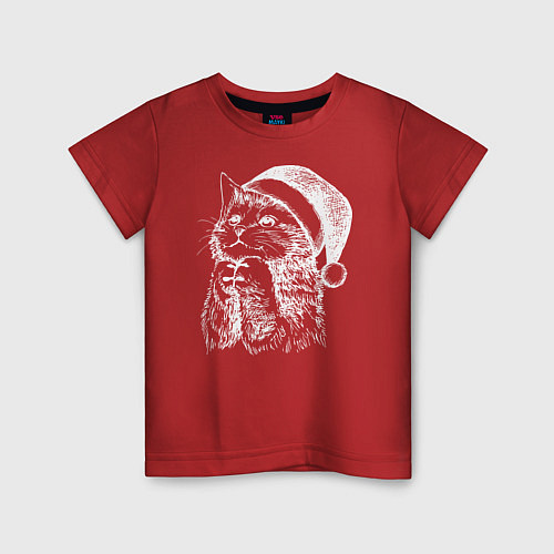 Детская футболка Котёнок в новогодней шапке / Красный – фото 1