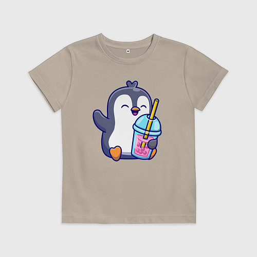 Детская футболка Пингвин с напитком / Миндальный – фото 1