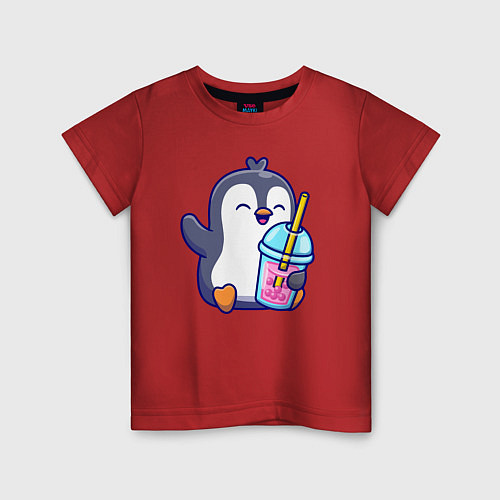 Детская футболка Пингвин с напитком / Красный – фото 1