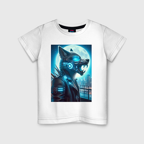 Детская футболка Кибер волк на фоне луны - нейросеть / Белый – фото 1