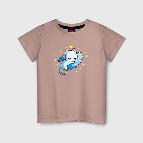Детская футболка Ангел кот на облаке / Пыльно-розовый – фото 1
