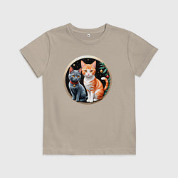 Футболка хлопковая детская Два котика ждут Новый Год, цвет: миндальный