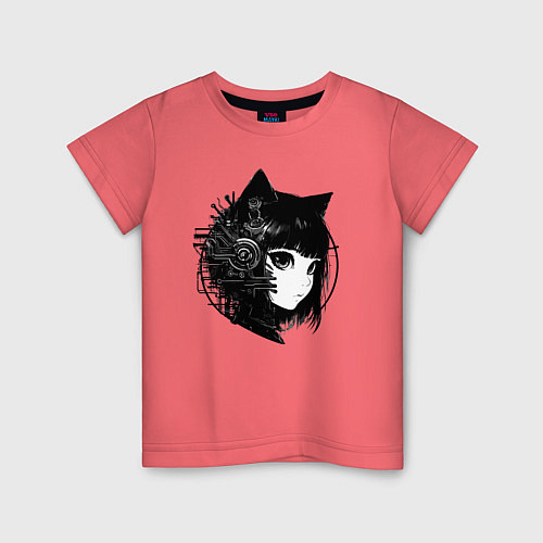 Детская футболка Девочка кошка - киберпанк / Коралловый – фото 1