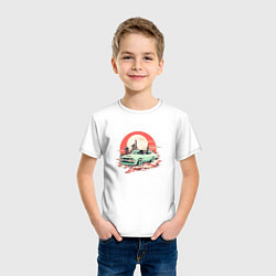 Футболка хлопковая детская Старое авто на оранжевом небесном фоне, цвет: белый — фото 2