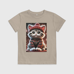 Футболка хлопковая детская Котенок в свитере, цвет: миндальный