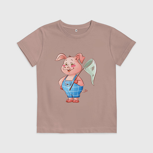 Детская футболка Мультяшный поросенок с сачком / Пыльно-розовый – фото 1