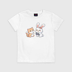 Футболка хлопковая детская Котик играет с кроликом, цвет: белый