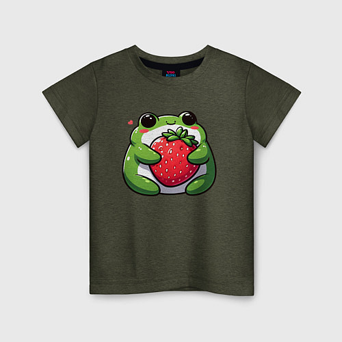 Детская футболка Толстая лягушка обнимает клубнику / Меланж-хаки – фото 1