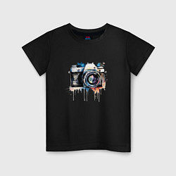 Футболка хлопковая детская Фотоаппарат акварель, цвет: черный