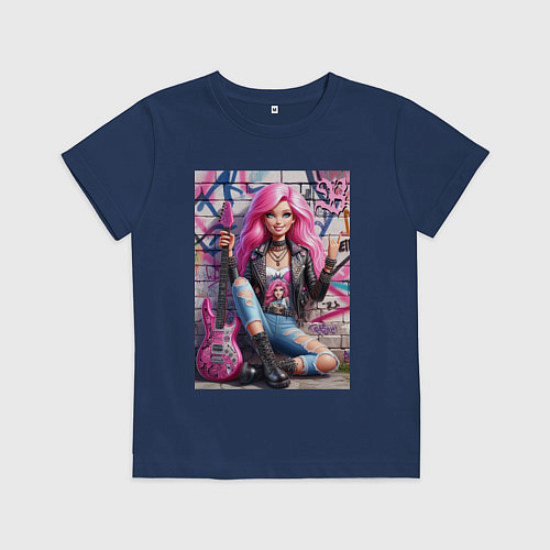 Детская футболка Барби панк гитарист - нейросеть / Тёмно-синий – фото 1