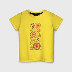 Футболка хлопковая детская Славянские символы солнца круги и птицы, цвет: желтый