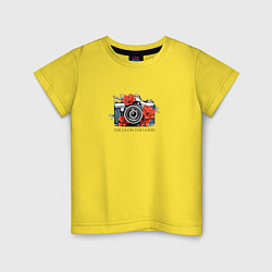 Футболка хлопковая детская Фотоаппарат с цветами, цвет: желтый