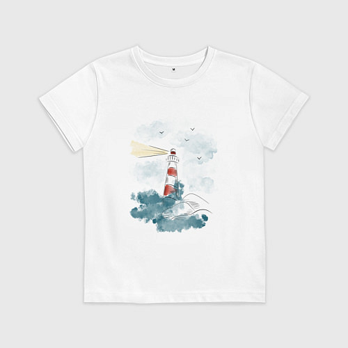Детская футболка Маяк и волны - акварель / Белый – фото 1