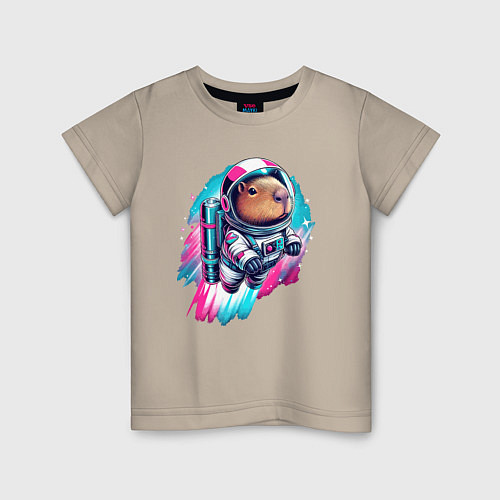Детская футболка Полёт космонавта капибары - нейросеть / Миндальный – фото 1