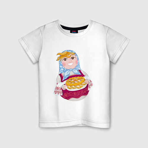 Детская футболка Матрешка хозяйка в русском стиле с пирогом / Белый – фото 1