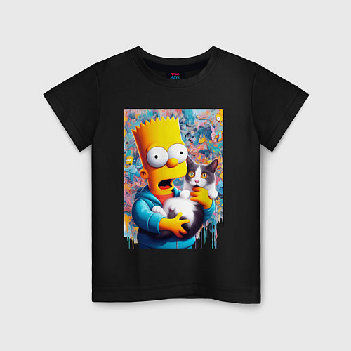 Детская футболка Bart Simpson with a kitten - ai art / Черный – фото 1