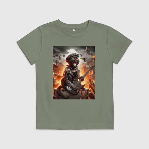 Детская футболка Чёрный котик играет на гитаре - нейросеть / Авокадо – фото 1