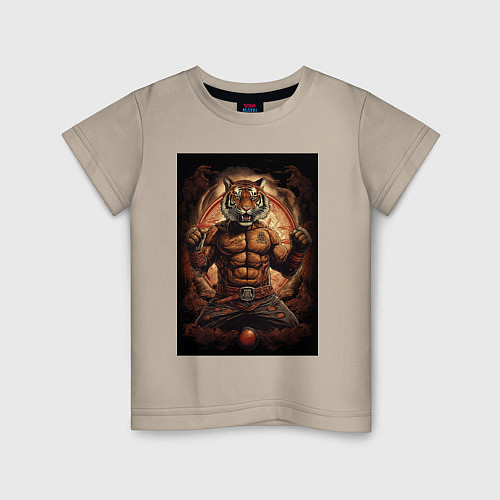 Детская футболка Тайский бокс тигр в стойке / Миндальный – фото 1