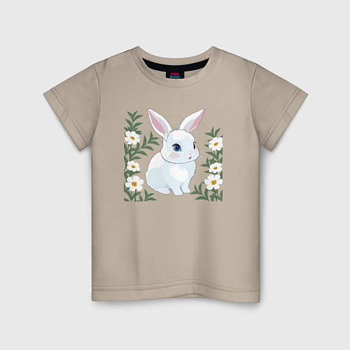 Детская футболка Милый зайчонок на фоне цветов / Миндальный – фото 1