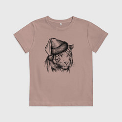 Футболка хлопковая детская Тигр новогодний в шапке, цвет: пыльно-розовый