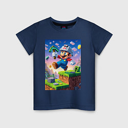 Футболка хлопковая детская Марио и Майнкрафт - коллаба, цвет: тёмно-синий