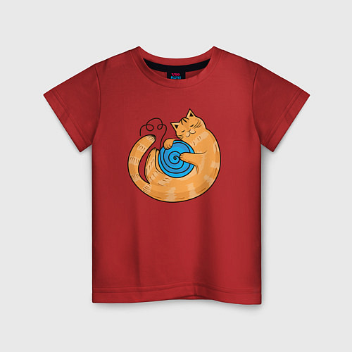 Детская футболка Арт мультяшный рыжий кот с клубком спит котуром / Красный – фото 1
