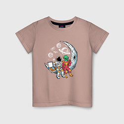 Футболка хлопковая детская Астронавт и пришелец едят пиццу, цвет: пыльно-розовый