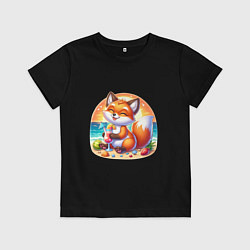Футболка хлопковая детская Лисы на пляже пьет коктейль, цвет: черный