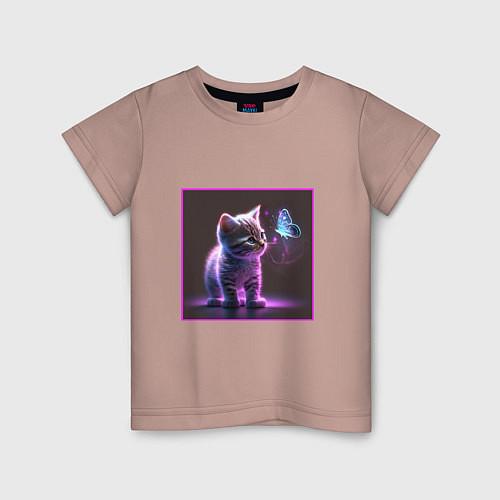 Детская футболка Кот удивленно смотрит на бабочку / Пыльно-розовый – фото 1