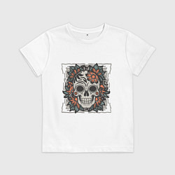 Футболка хлопковая детская Ретро татуировка с цветами и черепом, цвет: белый