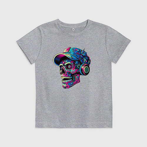 Детская футболка Кибер череп чувак в наушниках - нейросеть / Меланж – фото 1