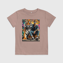 Футболка хлопковая детская Чувак хипстер с тигром - нейросеть, цвет: пыльно-розовый