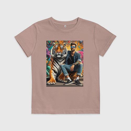 Детская футболка Чувак хипстер с тигром - нейросеть / Пыльно-розовый – фото 1