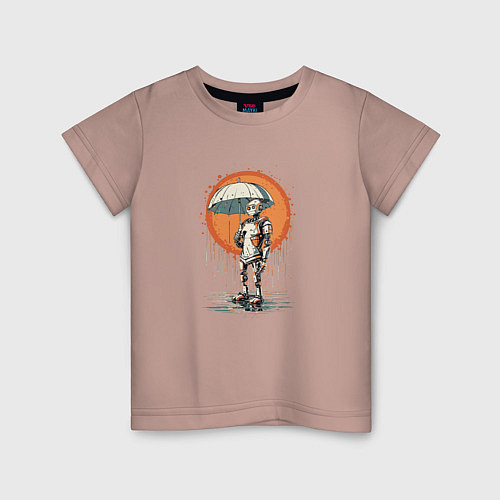 Детская футболка Робот под дождём с зонтом / Пыльно-розовый – фото 1