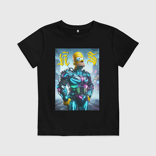 Детская футболка Homer Simpson - neon glow ai art / Черный – фото 1