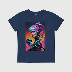 Футболка хлопковая детская Девушка в стиле киберпанк с черепом - нейросеть, цвет: тёмно-синий