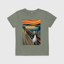 Футболка хлопковая детская Пингвин кричит - мем картина Мунка ai art, цвет: авокадо