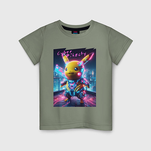 Детская футболка Cyber Pikachu - neon glow ai art fantasy / Авокадо – фото 1