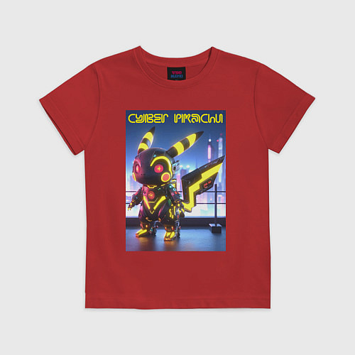 Детская футболка Cyber pikachu - ai art neon glow fantasy / Красный – фото 1