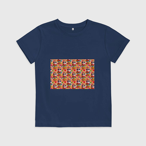 Детская футболка Коты и летний вайб паттерн / Тёмно-синий – фото 1