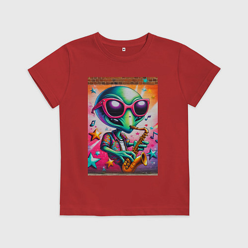 Детская футболка Пришелец играет на саксофоне - граффити / Красный – фото 1